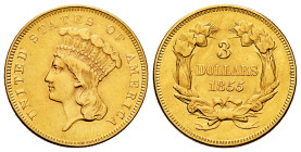 U.S. Coins. Three Dollar Gold. 3 dollars. 1855. (Km-84). (Fried-124). Au. 4,98 g. Minimal hairlines. Almost XF. Est...900,00. 

Spanish Description:...