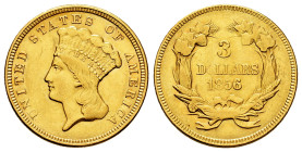 U.S. Coins. Three Dollar Gold. 3 dollars. 1856. (Km-84). (Fried-124). Au. 4,98 g. Minimal hairlines. Almost XF. Est...900,00. 

Spanish Description:...