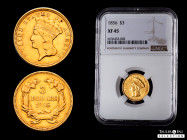 U.S. Coins. Three Dollar Gold. 3 dollars. 1856. Philadelphia. (Km-84). Au. 4,98 g. Very scarce. Slabbed by NGC as XF 45. NGC-XF. Est...1500,00. 

Sp...