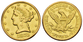 U. S. Coins. Liberty Half Eagles. 5 dollars. 1874. Carson City. CC. (Fried-146). Au. 8,33 g. Previously slabbed by NNC as AU 55. Ex Fritz Rudolf Künke...