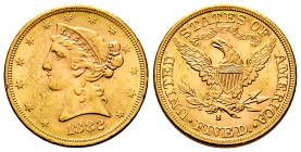U. S. Coins. Liberty Half Eagles. 5 dollars. 1882. San Francisco. S. (Km-101). (Fried-145). Au. 8,37 g. Original luster. AU/Almost MS. Est...500,00. ...