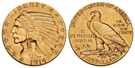 U. S. Coins. Indian Half Eagles. 5 dollars. 1914. San Francisco. S. (Km-129). (Fried-150). Au. 8,34 g. Rare. Almost XF. Est...750,00. 

Spanish Desc...