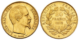 France. Napoleon III. 20 francs. 1852. Paris. A. (Km-774). (Gad-1060). (Fried-568). Au. 6,43 g. Original luster. Almost MS. Est...600,00. 

Spanish ...