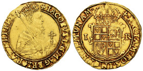 Great Britain. James I. Unite. 1613. London. Mintmark: Trefoil. (S-2619). (Fried-234). Anv.: Crowned and armored half-length bust right, holding orb a...