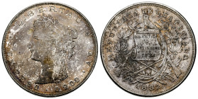 Guatemala. 1 peso. 1882. Guatemala. AE. (Km-208). Ag. 24,90 g. Irregular patina. It retains some minor luster. Rarely encountered this good struck. AU...