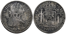 British Honduras. George III. ND (1810-1818). (Km-4.1). Ag. Counterstamp (6 shillings 1 penny) crowned "GR" upon Mexico 8 reales México 1778. Altered ...