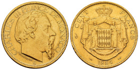 Monaco. Charles III. 100 francs. 1884. Paris. A. (Gad-106). (Km-99). (Fried-11). Au. 32,30 g. Faint scratches. Original luster. XF. Est...2000,00. 
...