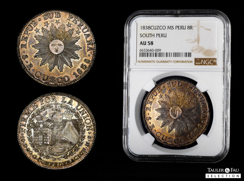 Peru. 8 reales. 1838. Cuzco. MS. (Km-170.4). Ag. Beautiful old cabinet tone with...