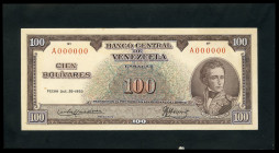 Venezuela. Non-adopted trial set of obverse and reverse of 100 Bolivares. Thomas de la Rue, signed and dated 20 October 1950. Paper money on cardboard...