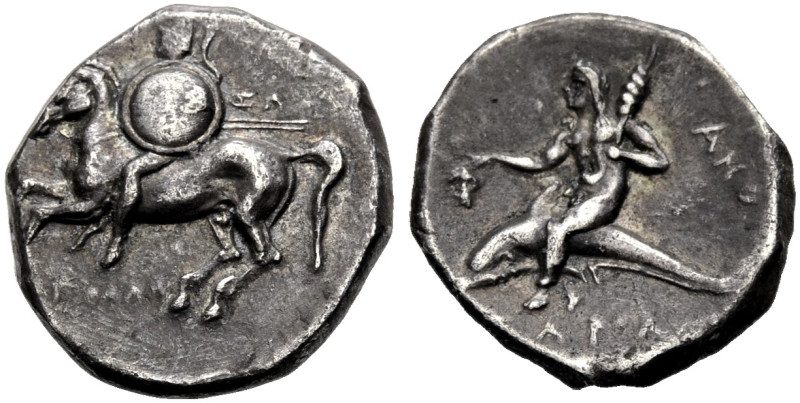 KALABRIEN. TARENT. 
Nomos, 281-272 v. Chr. Reiter im Helm, mit Rundschild und z...