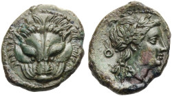 BRUTTIUM. RHEGION. 
Bronze, 351-280 v. Chr. Löwenkopf von vorne. Rv. Kopf des Apollon n. r., dahinter Kranz mit Schleife (?). 5,56 g. SNG München 163...