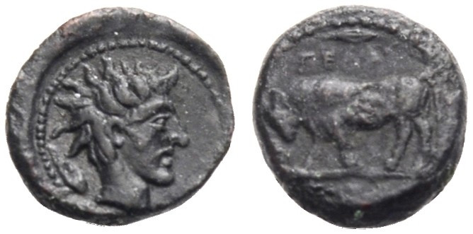 SIZILIEN. GELA. 
Onkia, Bronze, ca. 420-405 v. Chr. Bartloser Kopf eines Flußgo...