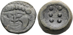 SIZILIEN. HIMERA. 
Hemilitron (Hexonkion), 430-420 v. Chr. Gorgoneion frontal. Rv. Sechs Wertkugeln. 25,69 g. Calciati I, 33,20.
Sehr schön