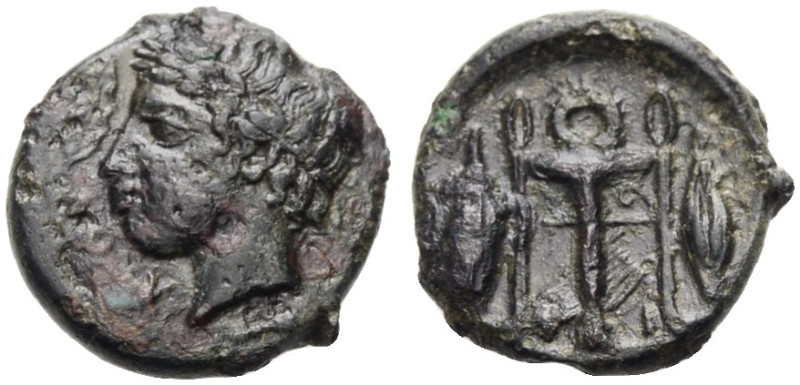 SIZILIEN. LEONTINOI. 
Tetras, 405-402 v. Chr. LEON. Kopf des Apollon mit L. n.l...