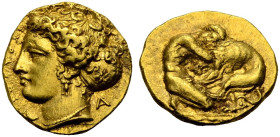 SIZILIEN. SYRAKUS. 
100 Litra, Gold, 405-400 v. Chr. SURAKOSIWN Kopf der Arethusa n.l. mit Halskette und Ohrring, die Haare in eine mit Sternen verzi...