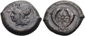 SIZILIEN. SYRAKUS. 
Bronze-Drachme. ca. 395/375-344 v. Chr. Kopf der Athena im korinthischen Helm n.l., davor SURA, hinter dem Kopf Schleife oder Haa...