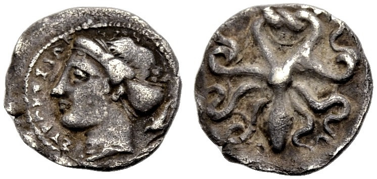 SIZILIEN. SYRAKUS. 
AR Litra, 405-395 v. Chr. SURAKOSIWN Arethusakopf n.l., hin...