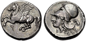 KORINTHIA. KORINTH. 
Stater um 330 v. Chr. Pegasos n.l. fliegend. Rv. Athenakopf n.l. im korinthischen Helm mit großem Nackenschutz, dahinter Bogen u...