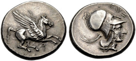 KORINTHIA. KORINTH. 
Stater, 405-345 v. Chr. Pegasos n. r. fliegend, darunter Koppa. Rv. Athenakopf im korinthischen Helm n. r., im Felde l. Aphlasto...