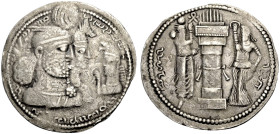 PERSIEN. SASANIDEN. 
Wahram II., 276-293. Drachme. Die Büsten, drap., nebeneinander n.r. von König mit Flügelkrone mit Korymbos und der Königin mit E...