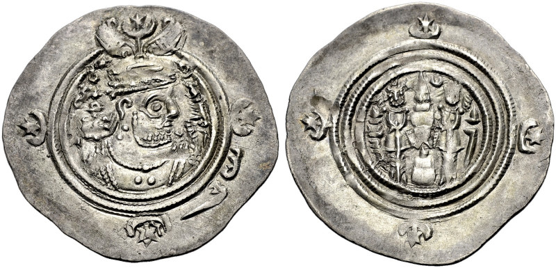 PERSIEN. SASANIDEN. 
Drachme, Jahr 30 (?) 619-620. Münzstätte NB. Büste mit Flü...