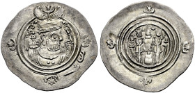 PERSIEN. SASANIDEN. 
Drachme, Jahr 30 (?) 619-620. Münzstätte NB. Büste mit Flügelkrone n. r. Rv. Feueraltar zwischen zwei Dienern. 3,05 g. Göbl Tf. ...