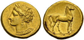 ZEUGITANIA. KARTHAGO. 
Elektron-Stater, Jenkins-Lewis Gp. V, 367-241 v. Chr. Kopf der Tanit n.l. mit dreifachem Ohrring und Ähren im Haar. Rv. Pferd ...