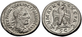 SYRIEN. ANTIOCHIA AM ORONTES. 
Traianus Decius, 249-251. Tetradrachmon, Billon. Drap., gep. Büste mit L. n. r., darunter drei Punkte. AUT KG ME KU DE...