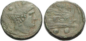 RÖMISCHE REPUBLIK. 
Anonym, vor 211 v. Chr. Sextans (geprägt), 217-215 v. Chr. Kopf des Hermes mit geflügeltem Petasus n. r., darüber zwei Wertkugeln...