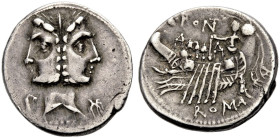 RÖMISCHE REPUBLIK. 
C. Fonteius, 114 oder 113 v. Chr. Denar. Unbärtiger, jugendlicher Doppelkopf mit L. Rv. C.FONT/ ROMA Galeere mit Ruderern und Ste...