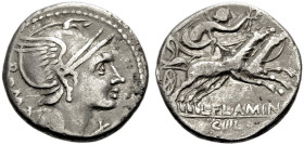 RÖMISCHE REPUBLIK. 
L. Flaminius Chilo, 109 oder 108 v. Chr. Denar. ROMA Romakopf im geflügelten Helm, unter dem Kinn Wertmarke X Rv. L. FLAMINI/ CIL...