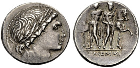 RÖMISCHE REPUBLIK. 
L. Memmius, 109-108 v. Chr. Denar. Kopf des Apollo (?) mit Eichenkranz n. r., (unter dem Kinn Wertmarke Stern). Rv. L. MEMMI Dios...