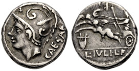 RÖMISCHE REPUBLIK. 
L. Iulius Caesar, 103 v. Chr. Denar. CAESAR Kopf des Mars mit gefiedertem Helm n. l., oben R. Rv. L.IVLI.L.F. Venus mit Zepter in...