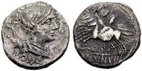 RÖMISCHE REPUBLIK. 
A. Postumius Albinus, 96 v. Chr. Denar. Drap. Büste der Diana n. r., dahinter Köcher und Bogen. ROMA. Rv. Drei Reiter n. l. über ...