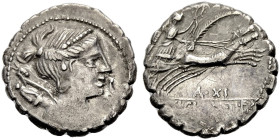 RÖMISCHE REPUBLIK. 
Ti. Claudius Nero, 79 v. Chr. Serratus. S.C Drap. Büste der Diana mit Diadem, Bogen und Köcher n.r. Rv. TI.CLavd.TI.F / ap.N Vict...