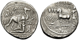 RÖMISCHE REPUBLIK. 
M. Aemilius Scaurus und P. Plautius Hypsaeus, 58 v. Chr. Denar. M. SCAVR / AED. CVR / EX - SC / (REX ARETAS) König Aretas mit Pal...