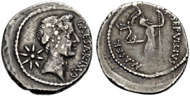 RÖMISCHE REPUBLIK. 
L. Aemilius Buca mit M. Mettius, P. Sepullius Macer und C. Cossutius Maridanus 44 v. Chr. Denar, 44 v. Chr. Kopf des verstorbenen...