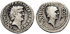IMPERATORISCHE PRÄGUNGEN. 
Mit seinem Bruder Lucius Antonius, 41 v. Chr. Denar des Proquästors M. Cocceius Nerva. M.ANT. IMP AVG. III.VIR. R.P.C. M. ...