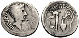 IMPERATORISCHE PRÄGUNGEN. 
Octavianus, 44-28 v. Chr. Denar, 37 v. Chr. IMP CAESAR - DIVI F III VIR ITER RPC Jugendl. Kopf des Octavianus, des spätere...