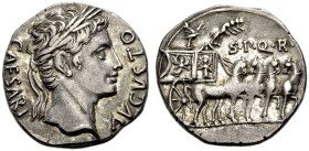 KAISERZEIT. 
Augustus, 27 v. Chr. -14 n. Chr. Denar, 18 v. Chr. Münzstätte in Spanien (Colonia Patricia, Cordoba). Büste mit L. n. r. CAESARI AVGVSTO...