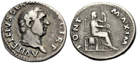 KAISERZEIT. 
Vitellius, 69. Denar. April-Dezember 69 Kopf mit L. n.r. Rv. PONT - MAXIM Vesta verschleiert n.r. sitzend, in der Linken Zepter haltend,...