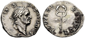 KAISERZEIT. 
Vespasianus, 69-79. Denar, 74. Kopf mit L. n.r. IMP CAESAR/ VESP AVG. Rv. PON MAX - TR P COS V Geflügelter Caduceus. 3,35 g. BMC 25,137,...