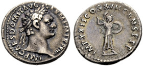 KAISERZEIT. 
Domitianus, 81-96. Denar, 95. Büste mit L. n. r. IMP CAES DOMIT AVG GERM PM TRP XIIII. Rv. Minerva n.r. stehend (mit Lanze, hier nicht a...