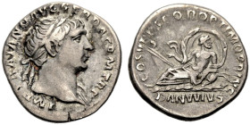 KAISERZEIT. 
Trajanus, 98-117. Denar, 103-111. Kopf mit L. n.r., l. Schulter drap. Rv. COS V PP SPQR OPTIMO PRINC/DANVVIVS Flussgott Danuvius n.l. ge...