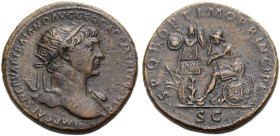 KAISERZEIT. 
Trajanus, 98-117. Dupondius, orichalcum ca. 106-107 Büste mit Drapierung über der l. Schulter und Strahlenkrone n. r. Rv. SPQR OPTIMO PR...