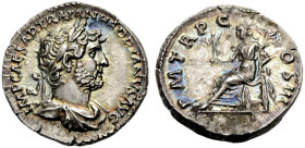 KAISERZEIT. 
Hadrianus, 117-138. Denar, 119-122 Drap., gep. Büste mit L. n. r. IMP CAESAR TRAIAN HADRIANVS AVG. Rv. PM TRP C-OS III. Pax n.l. thronen...