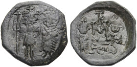 . 
Constans II., 641-668. Follis, 659-668 Syrakus. Constans und Constantinus IV. nebeneinander stehend, Constans mit langem Bart, Kreuzkrone, Panzer ...