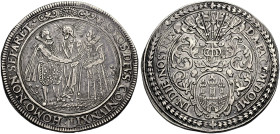 HAMBURG, STADT. 
Schautaler o. J. (1606-1619). Christus segnet ein Paar. Rv. Behelmtes ovales Stadtwappen. 28,7 g. Gaed. 1527.
Sehr schön