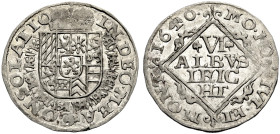 JÜLICH-KLEVE-BERG. 
WOLFGANG WILHELM VON PFALZ-NEUBURG, 1614-1653. 6 Albus leicht 1640. Mit dem Fürstenhut bedecktes mehrfeldiges Wappen mit Mittelsc...