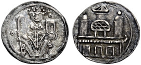 KÖLN, ERZBISTUM. 
RAINALD VON DASSEL, 1159-1167. Obol. Barhäuptiger sitzender Erzbischof von vorn mit Krummstab und Buch, über dem Buch und im linken...